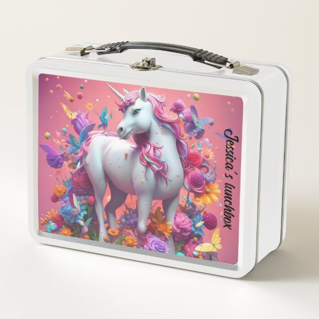 Unicornio personalizado con una lonchera de flores (Anverso)
