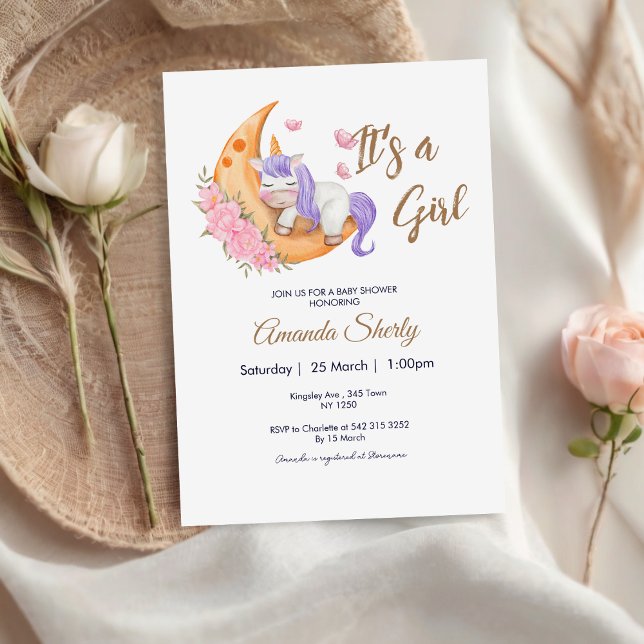 Unicornio púrpura en la invitación de Baby Shower  (Purple Unicorn on the Moon Baby Shower Invite)