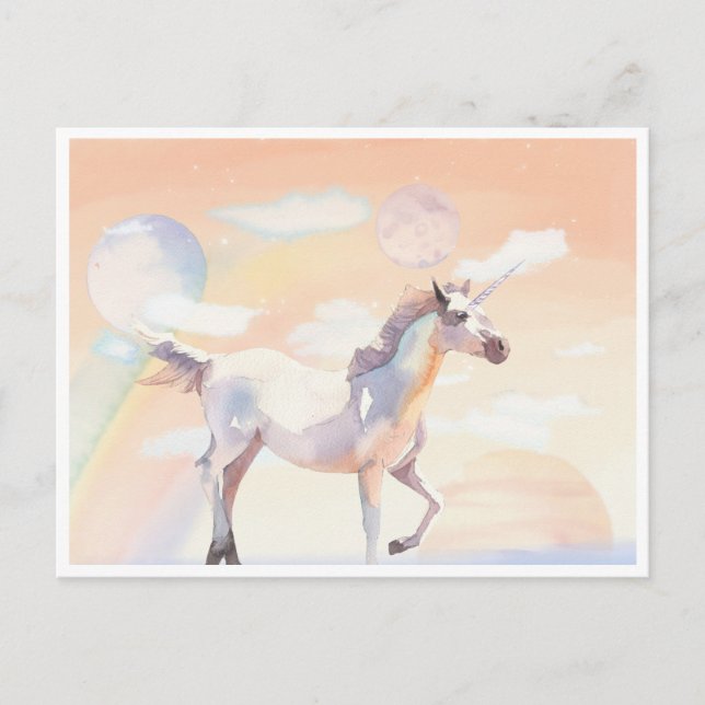Unicornio recorriendo la postal de nubes y planeta (Anverso)