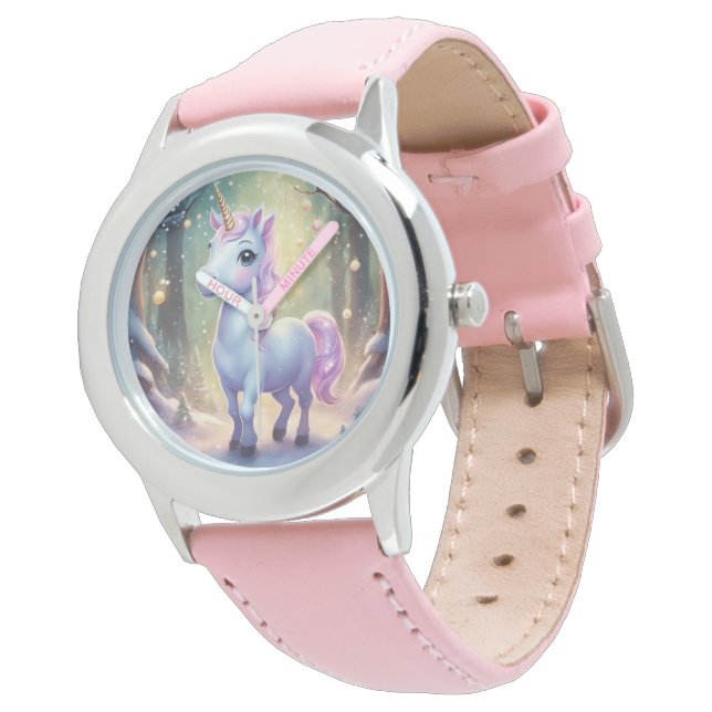 Unicornio - Reloj de correa de cuero rosa de acero (Angular)