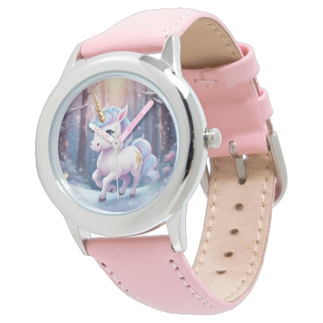 Unicornio - Reloj de correa de cuero rosa de acero (Angular)