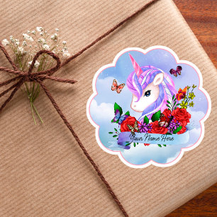 Unicornio rosa y morado con pegatina de rosas roja