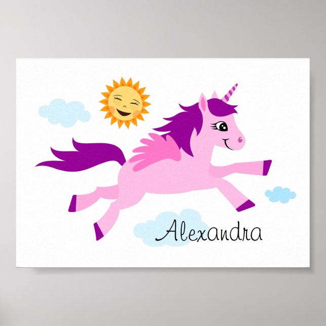 Unicornio rosa y sol feliz, arte mural para niños (Frente)