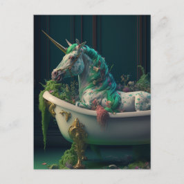 Unicornio verde en la tarjeta postal de baño