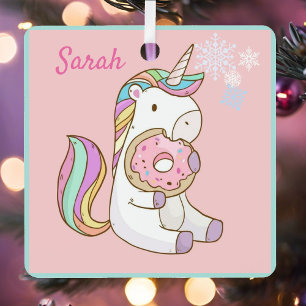 Unicornio y donut Añadir nombre ornamento Metaliza