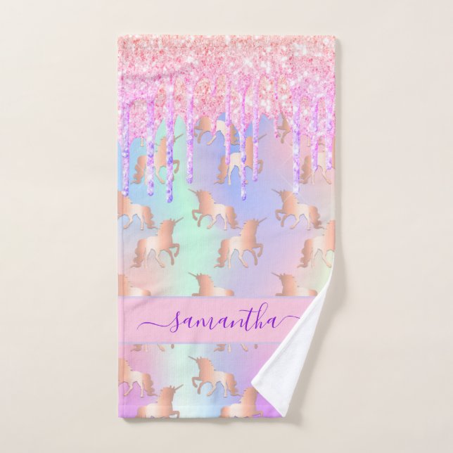 Unicornios chica de nombres de goteo morado rosa (Toalla de mano)