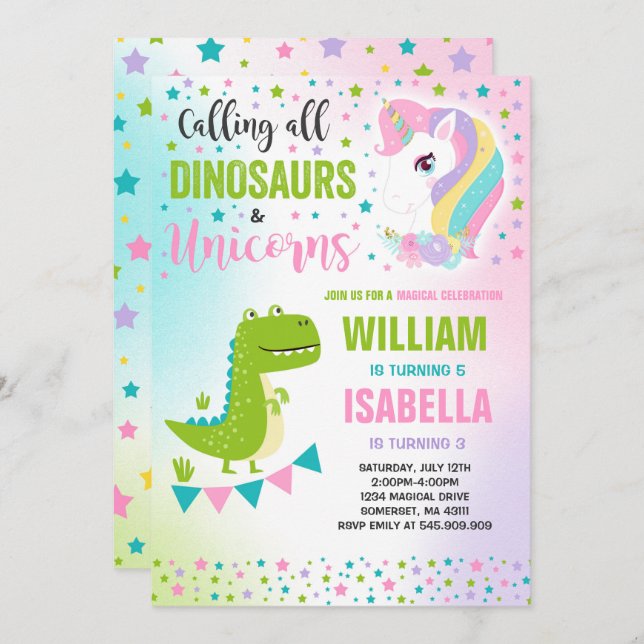 Unicornios Y Dinosaurios Invitación De Cumpleaños  (Anverso / Reverso)