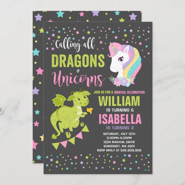 Unicornios Y Dragones Invitación al cumpleaños Mag (Anverso / Reverso)