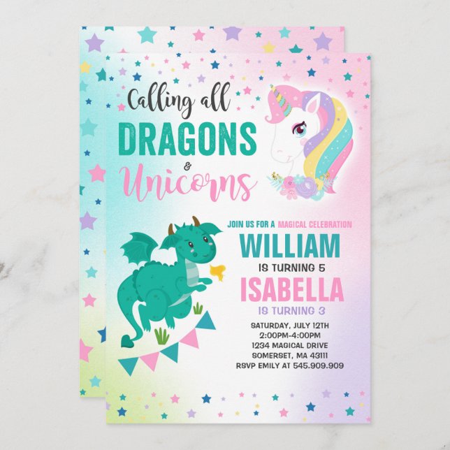 Unicornios Y Dragones Invitación al cumpleaños Mag (Anverso / Reverso)