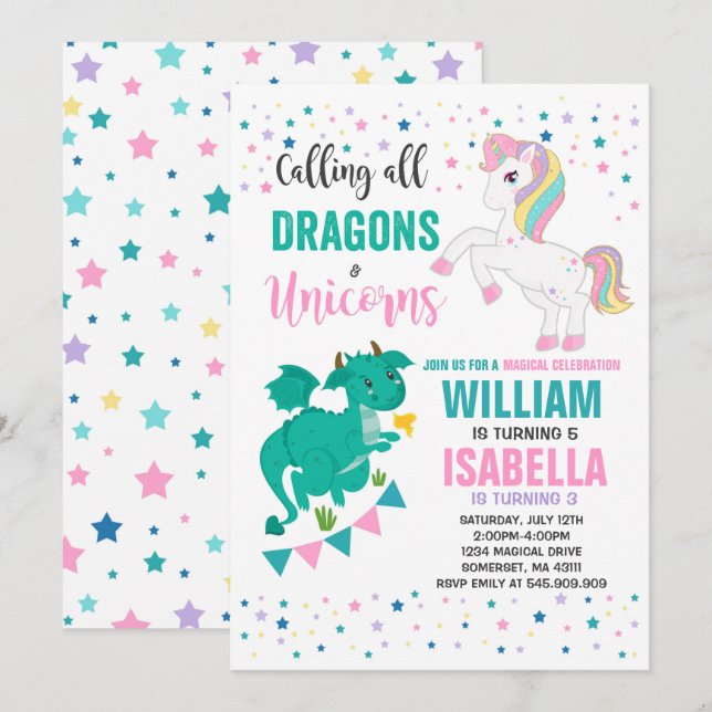 Unicornios Y Dragones Invitación de cumpleaños Mag (Anverso / Reverso)
