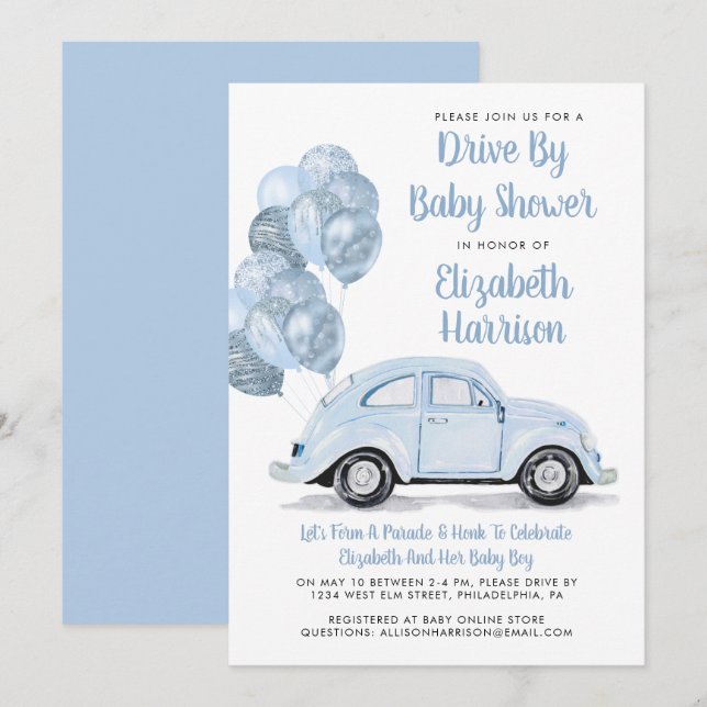 Unidad Cute Blue Car Por Invitación De Baby Shower (Anverso / Reverso)