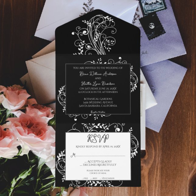 Uno Black Flourish Boda Todo En Una Invitación (Black Flourish All in One Wedding Invite)