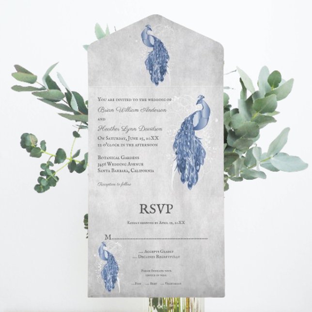 Uno Blue Peacock Boda Todo En Una Invitación (Blue Peacock All in One Wedding Invite)
