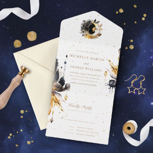 Uno Boda Celestial De Oro Negro Todo En Una Invitación