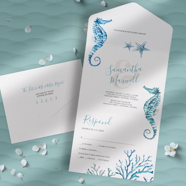Uno Boda Costero Moderno Todo En Una Invitación (Beach wedding invitation unique seahorse watercolor art by Victoria Grigaliunas)