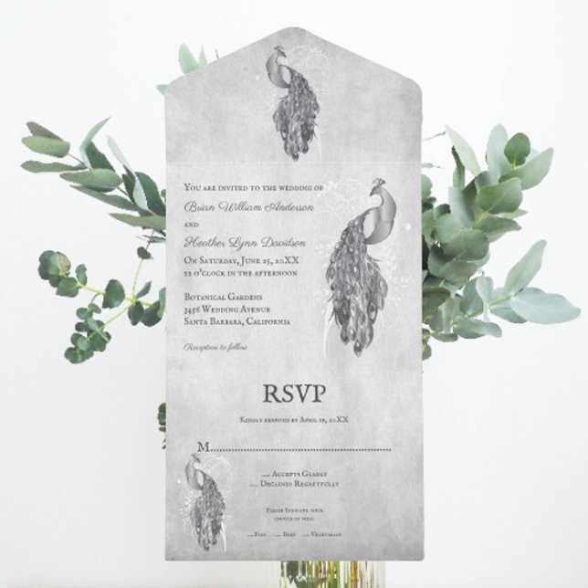 Uno Boda De Peacock Plateado Todo En Una Invitación (Silver Peacock All in One Wedding Invite)