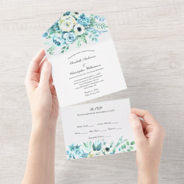 Uno Boda Floral Blanco Azul Todo En Una Invitación (desgarro)