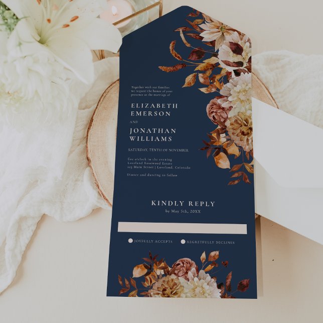 Uno Boda Floral De La Marina Todo En Una Invitación (Navy Blue Fall Floral Wedding All In One Invitation by Painted Paperie
)