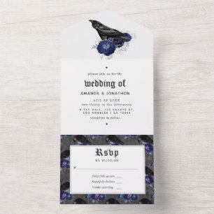 Uno Boda Gótico Floral Raven Todo En Una Invitación