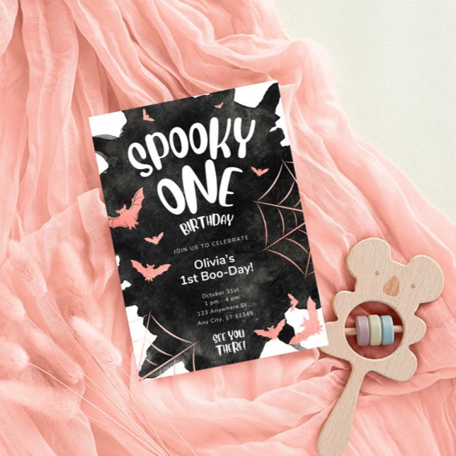 Uno de Halloween Invitación Cumpleaños Murciélagos (Spooky One Invitation Halloween Birthday Template,EDITABLE Black Pink Cute Bats First Birthday Invit)