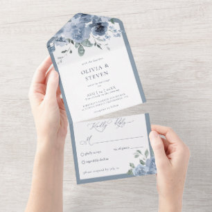 Uno Dusty Blue Floral Boda Todo En Una Invitación