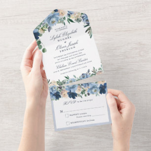 Uno Dusty Blue Floral Boda Todo En Una Invitación