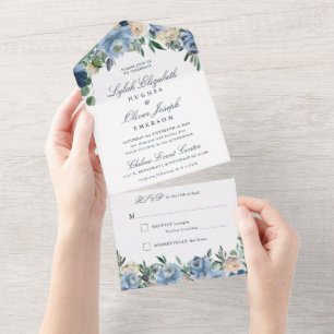 Uno Dusty Blue Floral Boda Todo En Una Invitación