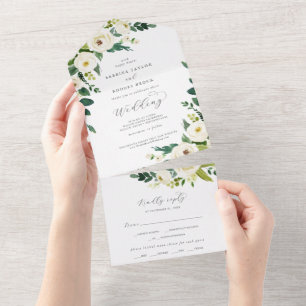 Uno Elegante Boda Floral Blanco Todo En Una Invitación