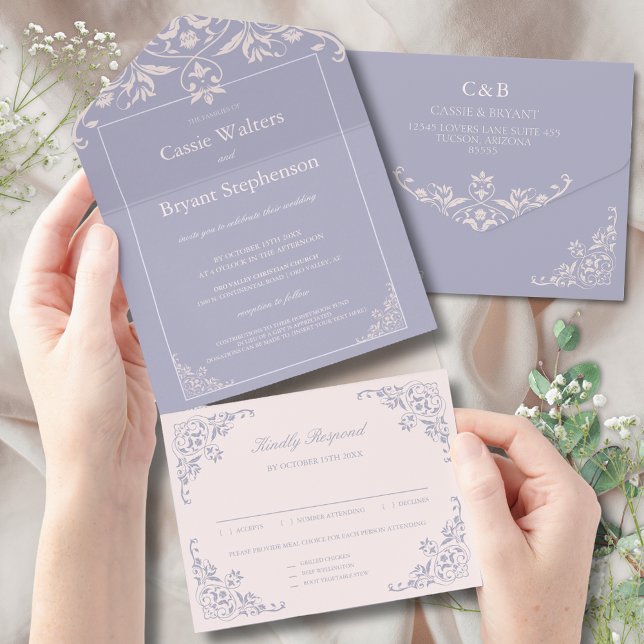 Uno Elegante rosa morado todo en una invitación de mat (elegant lavender purple and blush pink chic all in one wedding invitation with rsvp card attached)