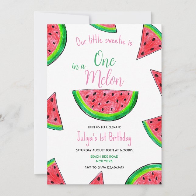 Uno en un melón Invitación al primer cumpleaños (Anverso)