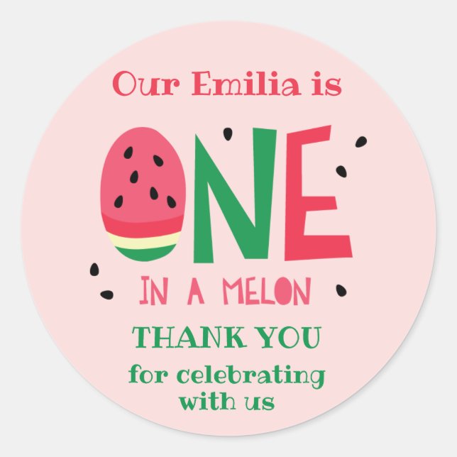 Uno en un Melón Primer Pegatina de Favor de Cumple (Anverso)