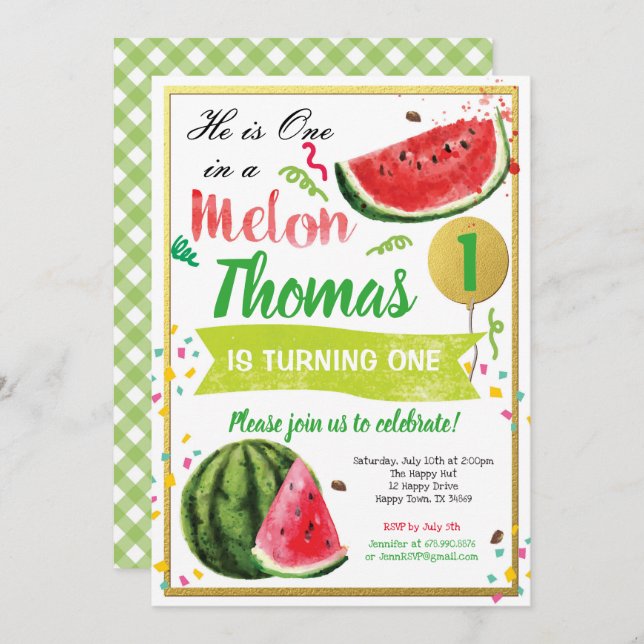 Uno en una invitación al melón para el primer cump (Anverso / Reverso)