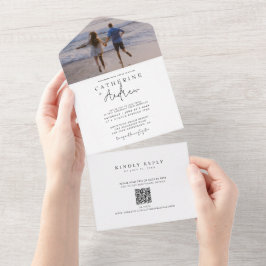 Uno Foto Boda moderna Código QR Todo En Una Invitación