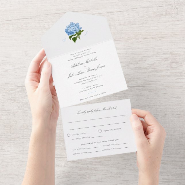 Uno Hidrangea Azul todo en una invitación de matrimoni (desgarro)