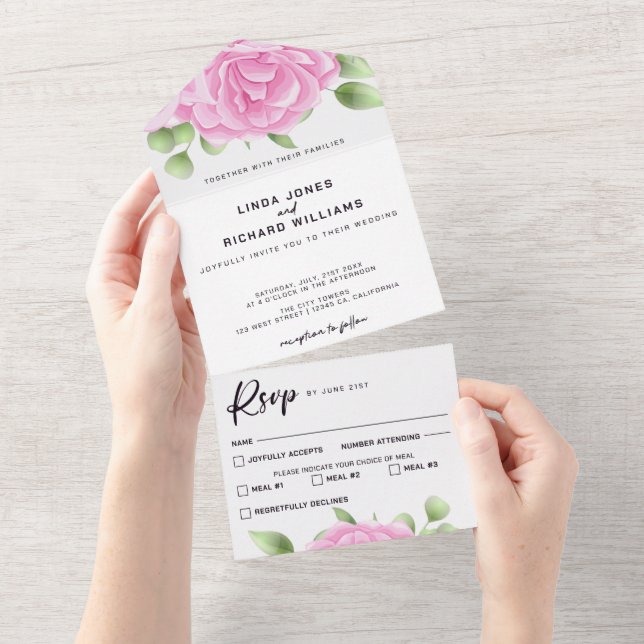 Uno Invitación a Rosas de acuarela todo en una boda (desgarro)