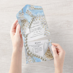 Uno Invitación de boda de seda azul y perlas todo en u
