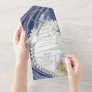 Uno Invitación de boda de seda azul y perlas todo en u