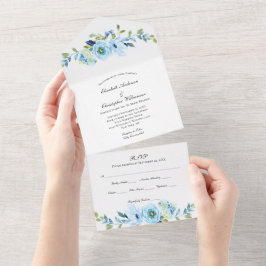 Uno Invitación de boda de verde floral azul todo en un