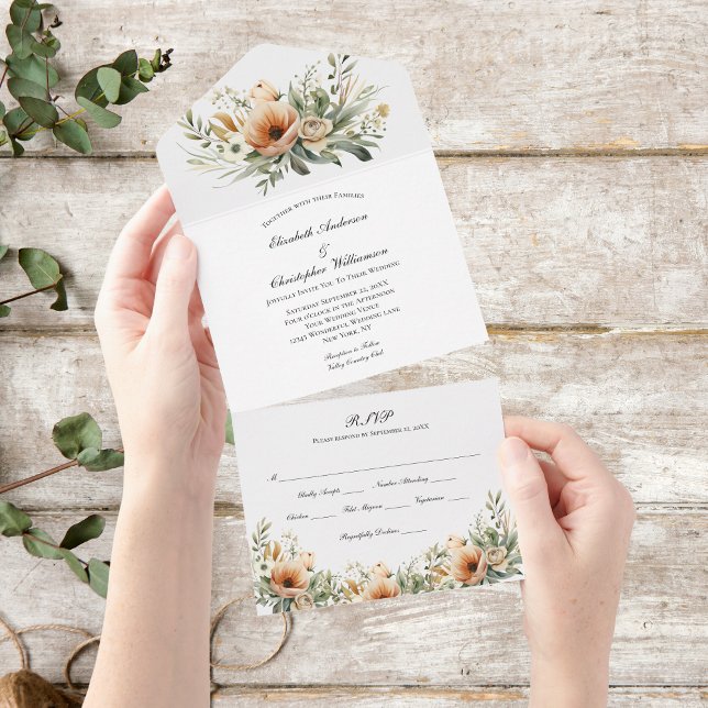 Uno Invitación de boda floral beige melocotón todo en  (Beige Peach Watercolor Floral Greenery Botanical All in one Wedding Invitation)