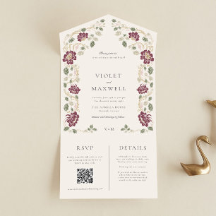 Uno Invitación de boda floral dorada y borgoña todo en