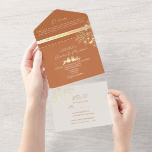 Uno Invitación de boda moderna de terracota todo en un