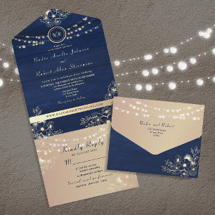 Uno Invitación de boda rústica en azul marino todo en 