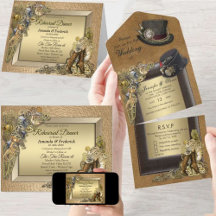 Invitación de boda Steampunk & oro en cuero todo e