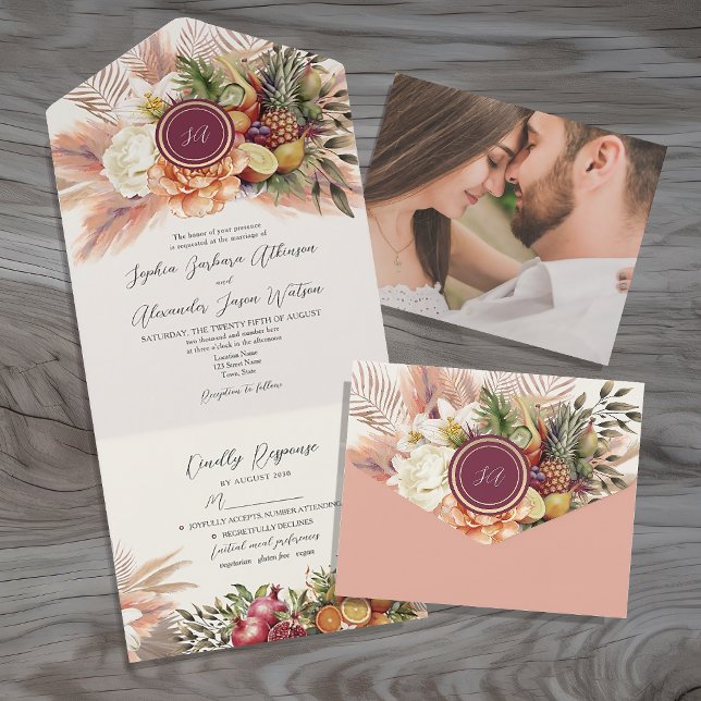 Uno Invitación floral boho de frutas para boda todo en (Subido por el creador)
