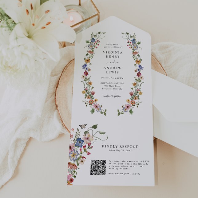 Uno Invitación floral de boda con código QR todo en un (Colorful Floral QR Code Wedding All In One Invite by Painted Paperie
)