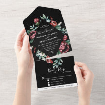 Invitación floral negra y roja para boda todo en u