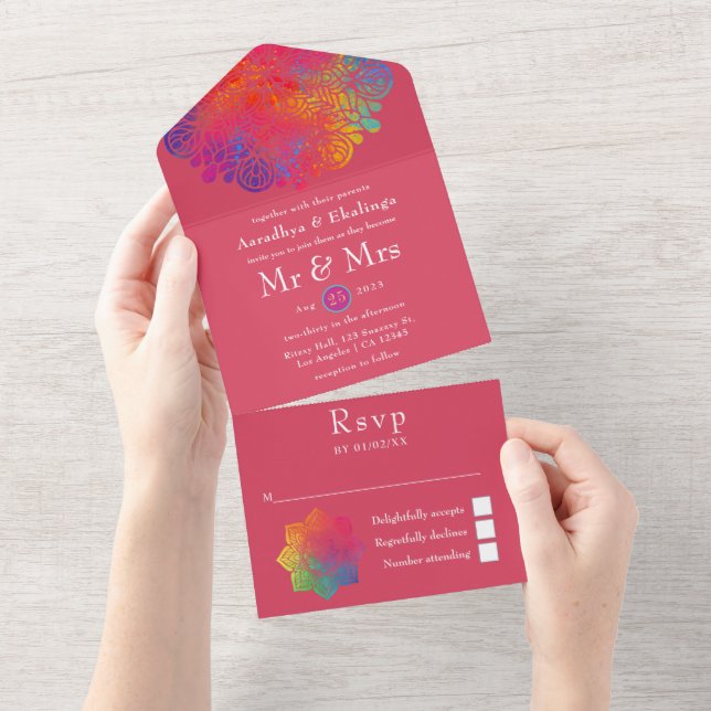 Uno Invitación India de Boda Mandala Arcoíris Todo En  (desgarro)
