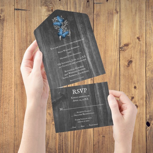 Uno Mariposa Azul Rústica todo en una invitación de bo (Blue Rustic Butterfly All In One Wedding Invite)