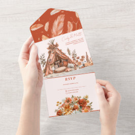 Uno Naranja Boho Flores Todo En Una Invitación De Boda