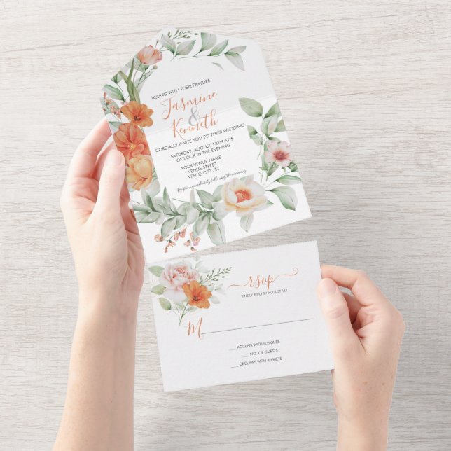 Uno Peach Floral Boda Todo En Una Invitación (desgarro)